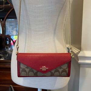 Coach Signature Canvas and Red Leather Crossbody Wallet on Chain